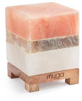 Myga Himalayan Salt Lamp – Hand-Carved Himalayan Rock Salt Crystal Lamp with Wooden Base – Cube or Sphere Table Lamp for Home, Meditation & Yoga (Cube)