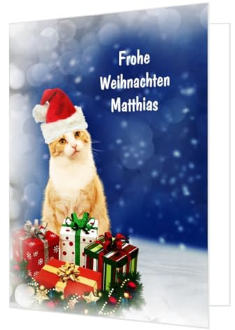 Extra große Weihnachtskarte als XXL Klappkarte, DIN A4 geschlossen - DIN | A3 geöffnet. Mit Name und Ihrem Wunschtext. Inklusive hochwertigen Umschlag. Katze mit Weihnachtsmütze. Weihnachtsspruch