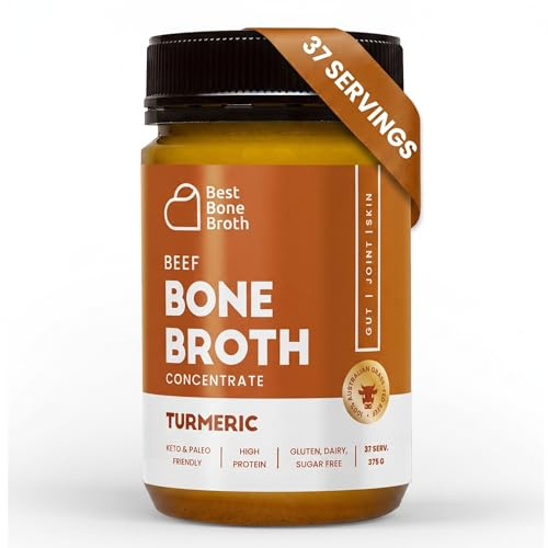 Best Bone Broth Grass Fed Beef Concentrate with Turmeric – 37 Servings | Add hot water to sip or stir into soups, sauces & recipes. 37 servings (9.25L) of protein & collagen.