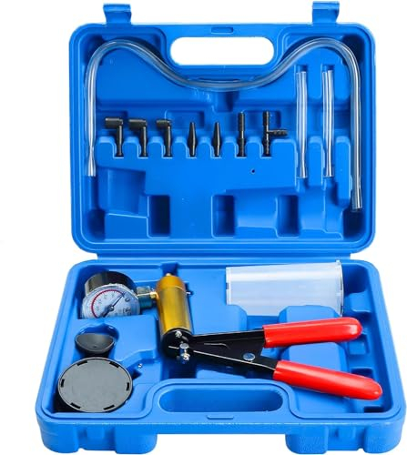 DASBET 2 in 1 Brake Bleeder Kit with Hand Held Vacuum Pump Tester 16PCS Brake Clutch Bleeder Tool with Adapters One-Man Brake and Clutch Bleeding System for Automotive (Blue)