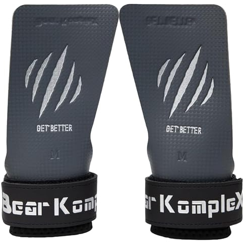 Bear KompleX - Premium Hand Grips for Fitness & Gymnastics, No-Slip Pull Up Grips for Weight Lifting, Strength Training, and Bar Work, Palm Protection with Padded Wrists, Carbon No-Hole Design - Large