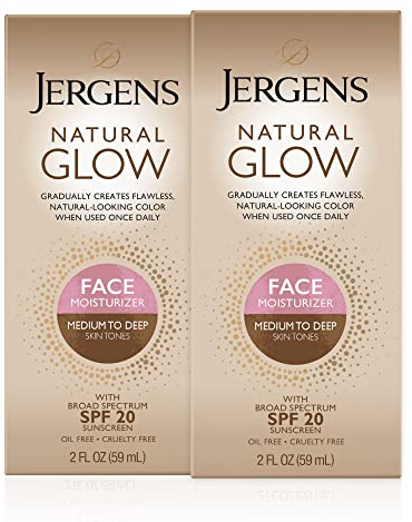 Jergens Natural Glow Face Self Tanner Lotion with SPF 20, Sunless Tanning, Medium to Deep Skin Tone Moisturizer, Daily Facial Sunscreen, Oil Free, Broad Spectrum UVA and UVB Protection,2 Oz(Pack of 2)