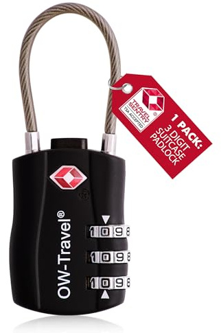 OW-Travel Suitcase Locks, TSA Approved Luggage Padlocks, Black, 1 Pack | 3 digit cable combination luggage locks for suitcases, hand luggage cabin bags, travel bags, backpacks, lockers, zipper cases
