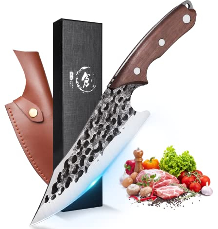 DRAGON RIOT Kochmesser Japanisch Wikinger Messer Handgeschmiedet Chefmesser Profi Küchenmesser Scharf Grillmesser Outdoor Messer mit Scheide für Küche Camping Grill BBQ