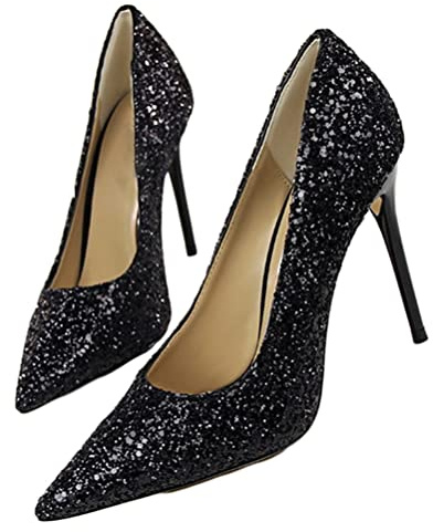 Onsoyours Tacchi Alti Paillettes Pump Sexy Puntato Stiletto Scarpe da Donna Elegante Ufficio Banchetto Occasioni Formali Scarpette Vestiti Taglia Larga Pompe Nero 43 EU