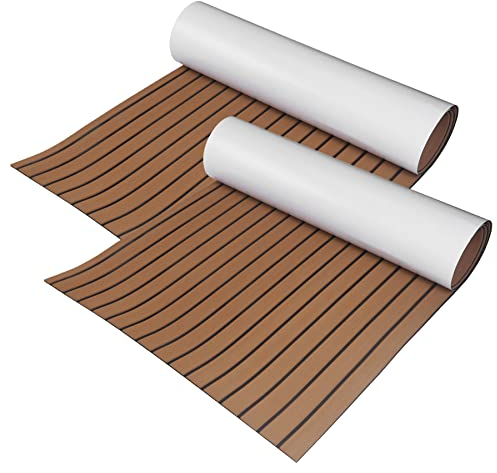 WindRen 2 Stücke Faux Teak Eva-Schaum Deckbeschläge, Marine-Bodenbelag, Selbstklebende Bodenabdeckung für Bootes, rutschfeste Matte für Boote, Yachten, RV, Garten (2PCS, 240 * 90cm)