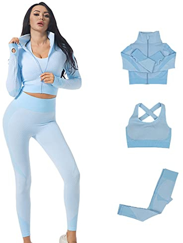 Veriliss Damen 3teiliger Gym Trainingsanzug Nahtlose Laufbekleidung Fitness Kleidung Jogginganzug Reißverschluss Kapuzen Tennis Laufen Set (Leicht Blau,L)