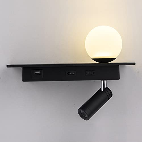 LANMOU Modern Innen Wandlampe mit Schalter und USB Anschluss, Wandmontage Leselampe, 350° Drehbar Bett Wandleuchte Runde Schlafzimmer Bettlampe LED 3000K Leseleuchte (5W+3W) (Black)
