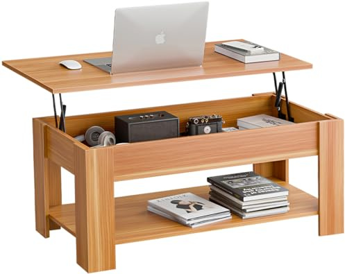 Blisswood Coffee Table With Storage, Lift Up Coffee Tables for Living Room with 1 Shelf Large Hidden Storage Modern Rectangular Sofa End Lift-Top Tea Table Furniture (Beach)