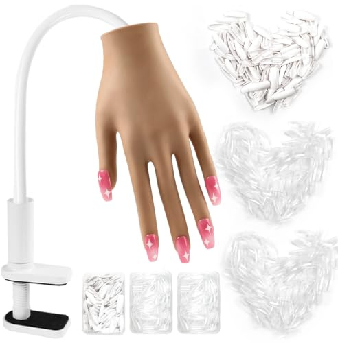 YINGJEE Nail Practice Hand, 300*Nail Tips Adjustable Clamp Stand Beginner | 360° Rotatable Silicone Hand for Acrylic Nails Flexible Nail Hand Model for Salons Home DIY Nail Art