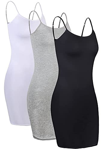 Geyoga 3 Pcs Women's Long Tank Tops Long Camisole Adjustable Workout Tops Dress Spaghetti Strap Undershirts for Women (Black, Gray, White, Large)