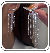 Brides Wedding Long Rhinestone Earrings Silver Tassel Crystal Dangle Earrings Double Sided Sparkly Climber Bridal Drop Cz Ear Jacket Stud Crawler Front Back Chandelier Statement Women Prom Party