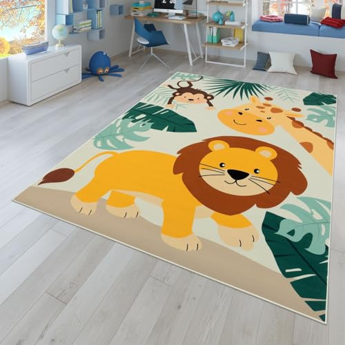 TT Home Tappeto Stanza Bambini Auto Bambini Motivo Con Animale Antiscivolo, Colore:Verde Beige Blu, Dimensione:80x150 cm