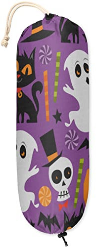 Halloween Kürbis Katze Fledermaus Kunststoff Taschenhalter Wandhalterung Plastiktüte Organizer Lebensmitteltasche Aufbewahrungsspender Waschbar Große Einkaufstaschen Träger für Zuhause Küche Reisen, 1