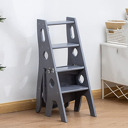 KAZUP Indoor-Kletterhocker, Klappleiterstuhl, Holztreppenstuhl, Multifunktions-Bibliotheks-Kletterleiter, 4-Stufen-Hocker, Trittleitern, Stuhl, Blumenregal, dekoratives Heimregal, Grau