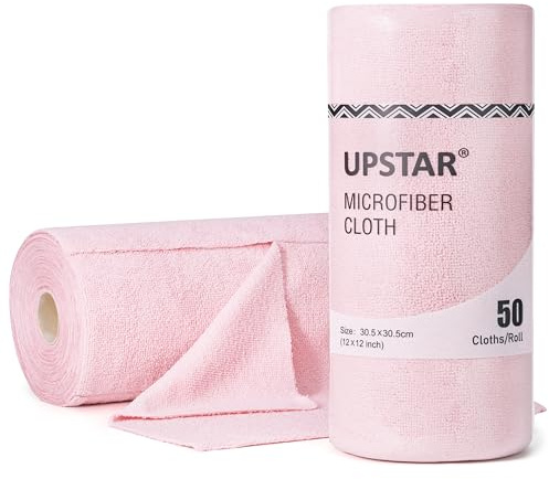 UPSTAR Microfiber Cleaning Cloth, Reusable Paper Towels Rolls, 50 Packs 12x12 inch Cleaning Rags for Washing Dishes, Kitchen, Bathroom, Car, Pink