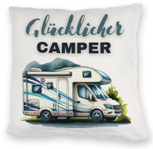 Wohnmobil Kuschelkissen mit Spruch Glücklicher Camper Wohnwagen-Zubehör Anhänger-Deko Mobiles Heim-Komfort Camping-Unterkunft Essentials
