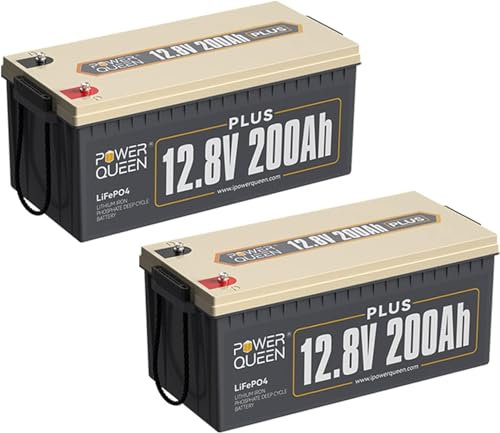 Power Queen 2 Piezas 12.8V200Ah Plus LifePO4 Batería, 200A BMS,Batería de Litio 5120Wh,hasta 15000+ Ciclos,Soporte en Serie/Paralelo,Aplicación en Sistema Solar Doméstico,RV,Fuera de la Red Eléctrica