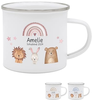 wunderwunsch - Personalisierte Emaille Tasse Kinder mit hochwertigem Spezial-Druck – Bruchsicher, Leicht & Umweltfreundlich – Geschenk Schulanfang, Schuleinführung (Regenbogen rosa)