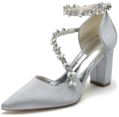 MINITOO Chaussures de soirée Sexy pour Femme - Talon épais - Escarpins de Mariage avec Strass MY138, My138 Argent 8 Talon 5 cm, 37.5 EU