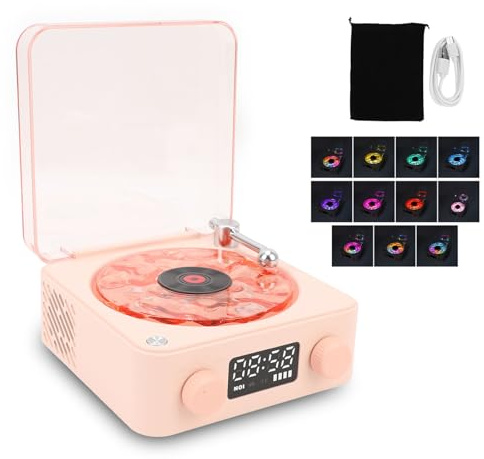 Haut-Parleur Bluetooth en Forme de Tourne-Disque Vintage, Son Stéréo, Haut-Parleur sans Fil Portable à Quatre Modes avec Horloge et Lumière Ambiante pour Chambre à Coucher, (Rose)