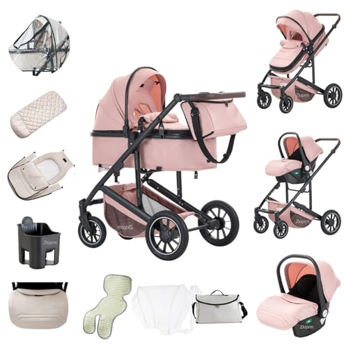 Zkiprm 3-in-1-Kinderwagen, Reisesystem mit Autositz, Combi-Typ Kinderwagen, verstellbare Armlehnen, Regenschutz, Moskitonetz, Gestell aus Aluminium, Kinderwagen mit hohem Profil, für 0-4 Jahre