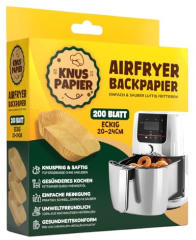 Knuspapier Airfryer Backpapier | BPA- und PFAS-frei | Antihaft | Perfekt für Heißluftfritteusen | Umweltfreundlich & Ofenfest (Eckig 20 cm)