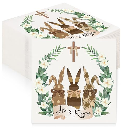 JULMELON Lot de 40 serviettes de Pâques lapin avec couronne de fleurs - Décoration de table pour Pâques - 33 x 33 cm - Printemps - Couronne de fleurs - Vert - Pour garden-party ou anniversaire,