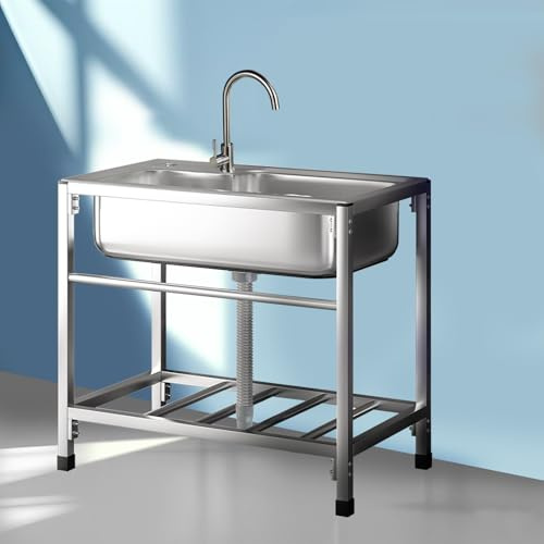 Freistehender Spültisch Edelstahl,Outdoor Campimgspüle mit Wasserhahn Gewerbliche Spülbecken für Außen Innen Wäsche Küche Restaurant Hinterhof Garage(75x45x75cm)