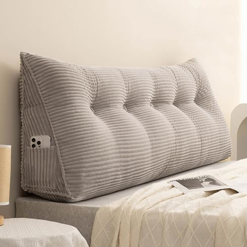 Großes Keilkissen aus Cord, Twin, Queen, King, Kopfteilkissen, dreieckiges gepolstertes Lesekissen, Rückenkissen für Bett/Sofa, waschbares Lendenwirbelstützkissen, Nackenrolle(180x50x20cm,Light grey)
