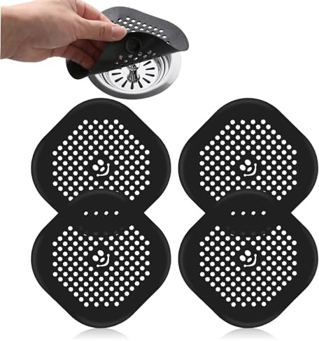 4 Stück Abflusssieb Dusche Schwarz,Ymapinc Haarsieb Mit Saugnapf Abflusssieb Küchenspüle Abflussabdeckung Bathroom Accessories für Badezimmer Küche (14 x 14cm)