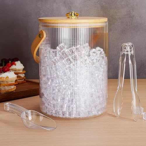 NiHome 3L Glas Eiswürfelbehälter mit Bamboo Deckel, Schaufel & Zange – Eiskübel mit Griff und rutschfester Basis, Eisbehälter für Eiswürfel, ideal zum Kühlen von Bier, Wein und Sekt bei Party oder Bar