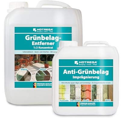 HOTREGA Grünbelagentferner Konzentrat 5L + Anti-Grünbelag Imprägnierung 2L | Reiniger & Schutz Set | Ohne Schrubben gegen Algen & Flechten | Für Terrasse, Naturstein, Holz & Kunststoff
