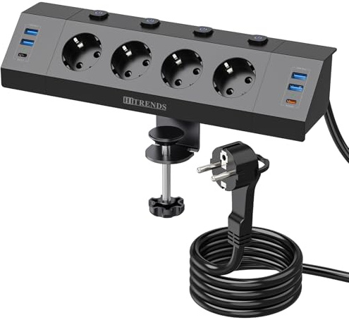 Toma de Corriente de Escritorio con USB, 4 Tomas Regleta Múltiples con Interruptor único, Toma de Protección contra Sobretensiones de Esquina 10 en 1 con 2 USB C (PD 20W) con Cable de 2M, Negro
