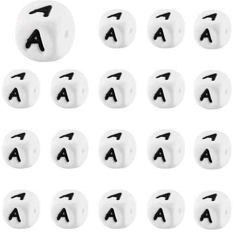 LEGENTLISUR Lot de 20 perles en silicone en forme de lettres 12 mm Cubes blancs Lettres de l'alphabet voyelles Perles lâches pour bracelets d'amitié, colliers, porte-clés, création de bijoux, projets