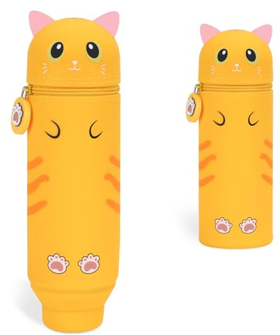 VynyQoo Trousse Ecole Silicone, 2 in 1 Extensible Étui à Crayon, Kawaii Fille Trousse, Pot a Crayon Enfant pour Scolaire & Bureau, Orange Cat