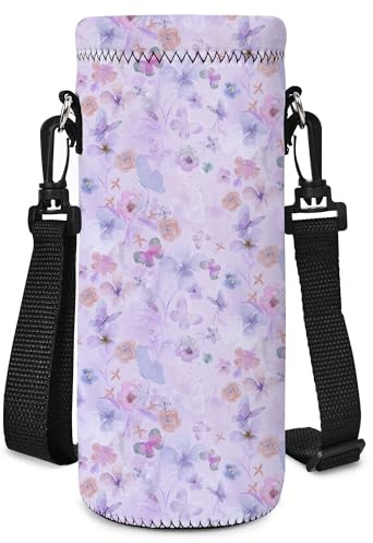 Mibbxea 500 ml vattenflaska bärväska, axelväska för flaskor, neopren flaskkylare med bärrem för män kvinnor, resor, cykling, vandring, gym, löpning, camping (blommor, fjärilar)
