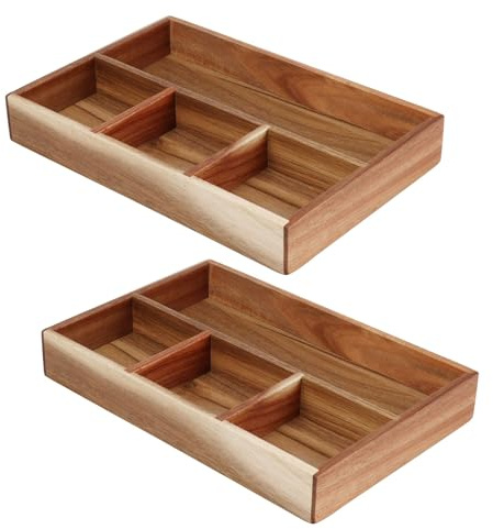 Carousel Home Pack of 2 Acacia Wood Drawer Organisers | Wooden 4 Compartment Draw Dividers Wooden Storage Boxes | Storage for Cutlery, Makeup & Office Desk - 30x20cm