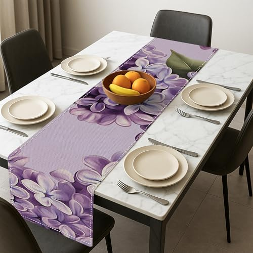 Runner da tavola floreale viola, elegante fiore lilla vintage, decorazione primaverile per casa e sala da pranzo per riunioni di famiglia, 33 x 183 cm