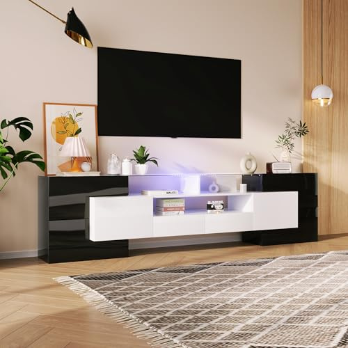 QSOST Meuble TV LED Moderne de 200 cm de Hauteur - Noir et Blanc Brillant - avec éclairage LED - Deux tiroirs et Trois Compartiments - Convient pour Le Salon et la Chambre à Coucher (Noir + Blanc)