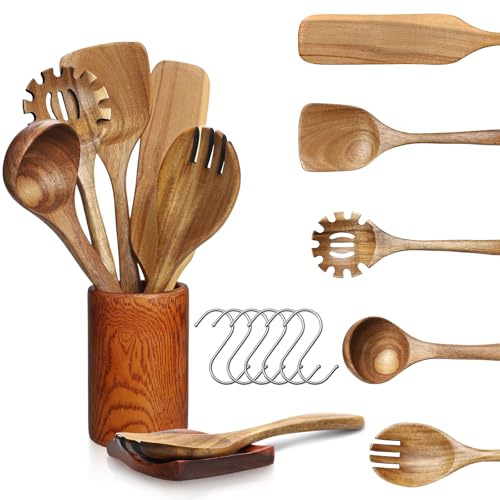Holz Kochbesteck-Set, Kochlöffel Holz Set aus Teakholz, Holzlöffel zum Kochen mit Pizzaschaufel, Salatgabel, Suppenkelle, Pfannenwender, Pastalöffel, Ablage, Behälter und Haken