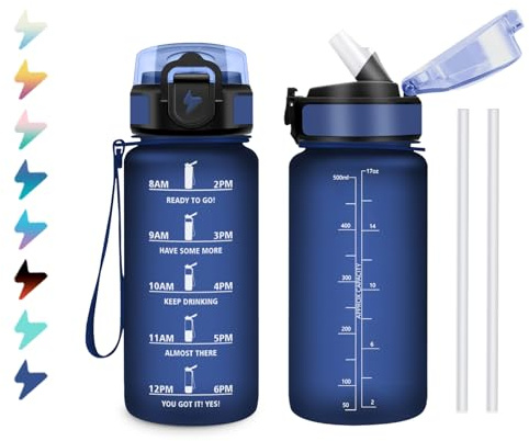 KollyKolla Borraccia 500ml, Borraccia con Indicazione del Tempo, Leggera e Facile da Tenere, Riutilizzabile e Facile da Pulire, Bottiglia con Cannuccia, per Palestra, Corsa, Yoga, Ufficio