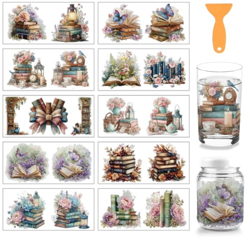 arricraft 10 Stück Bücher Thema Tasse Druck UV Transfer Papiere 10 Stile Bücher Schmetterling Blumen PVC DIY Wärmeübertragung Aufkleber Für 16 OZ Glas Tassen Handwerk 9.5x4.3 Zoll