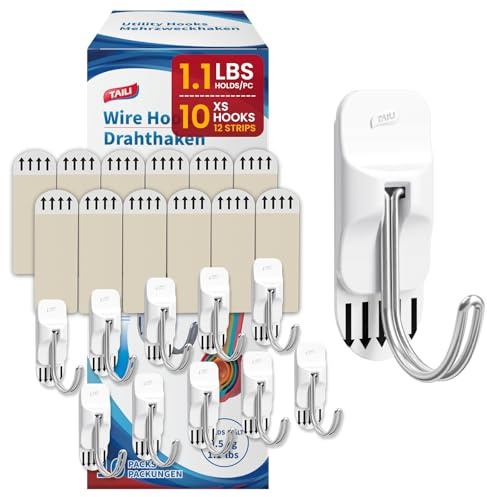 TAILI Gancho para colgar sin daños, 10 mini ganchos universales y 12 tiras adhesivas, soporta hasta 0,5 kg, sin herramientas, sin daños, para colgar en el baño o la cocina