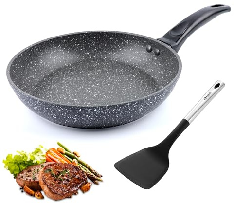 Family Sartén de Aluminio Antiadherente 26 cm + Espátula de Nylon (34,5 x 9,5 cm), Revestimiento Duradero, Apta para Todo Tipo de Cocinas, Fácil de Limpiar, Negro Mármol