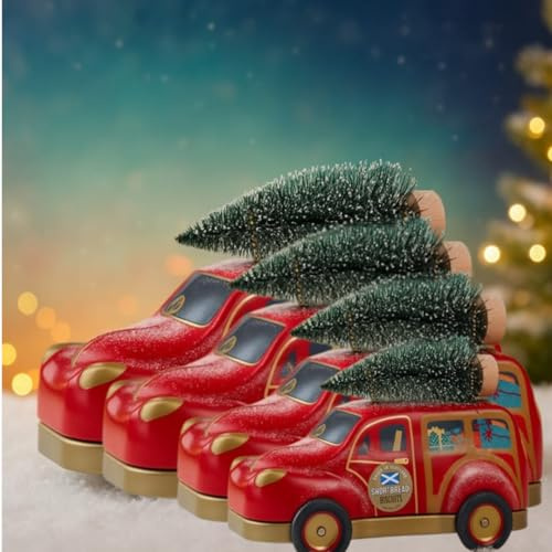 Car with Christmas Tree Biscuit Tin 50g – Festive Shortbread Biscuits in Collectible Red Car Tin – For Christmas, Stocking Filler, or Seasonal Treat 4 x 50g(Pack of 4)