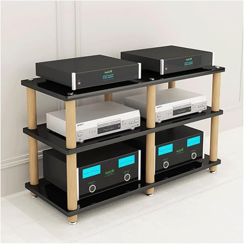 DUddTTW Audio Rack Double Wide Stereo Rack Audio Equipment Rack Audio Stereo Shelf Wooden Open HiFi Rack Audio-Video Shelving Shock Feet(Nero,3 Tier)