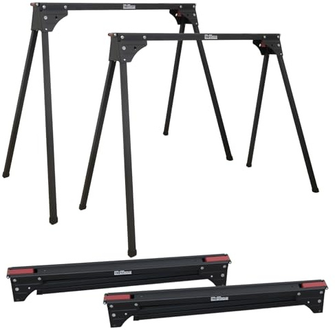 TRUTZHOLM Arbeitsbock 2er-Set, klappbar, 1.000 kg Gesamtlast, Schwarz-Rot | 76 cm hoch, je Bock bis 500 kg, pulverbeschichteter Stahl, Beine einzeln klappbar, 2 Seitenhaken, Klappmaß 86 x 10 x 10 cm