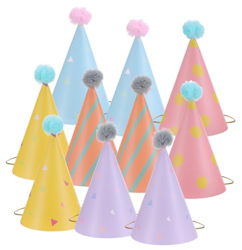 Aeaocvo 10 PCS Party Hats with Pom Poms, Paper Birthday Hat for Adults Kids, Party Cone Hats Decorations for Fun Activity, Photo Props, Memorable Celebrations