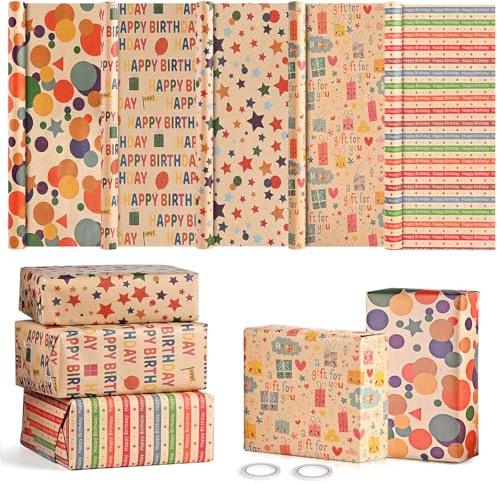 HAMOHTE Geschenkpapier Geburtstag 5 Rollen, 43 cm x 300 cm Geschenk Papier Kinder, Recycelbar Kraftpapier Geschenkpapierrollen Junge, Neutral Birthday Gift Wrapping Paper für alle Geburtstagsanlässe